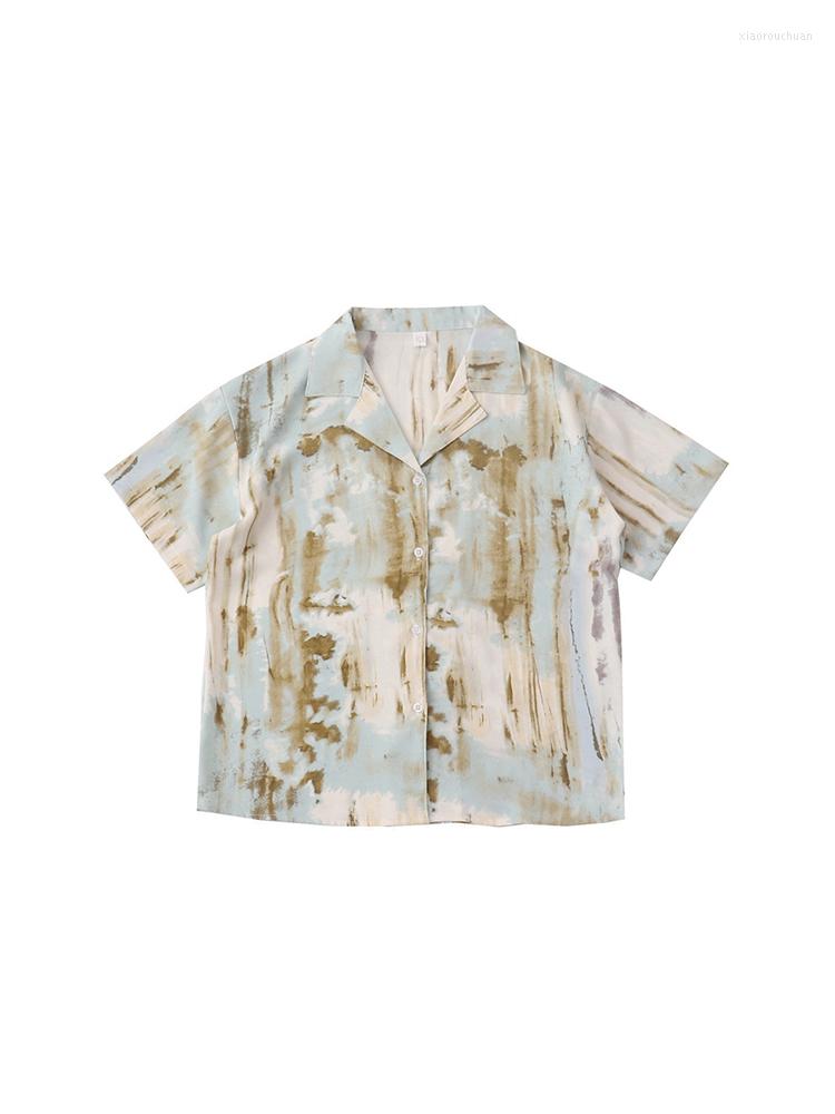 

Women's Blouses Fashion Aesthetic Retro Print Women Shirt Turn-down Collar Short Sleeve Baggy Female Chiffon Single Breasted Vintage, Green