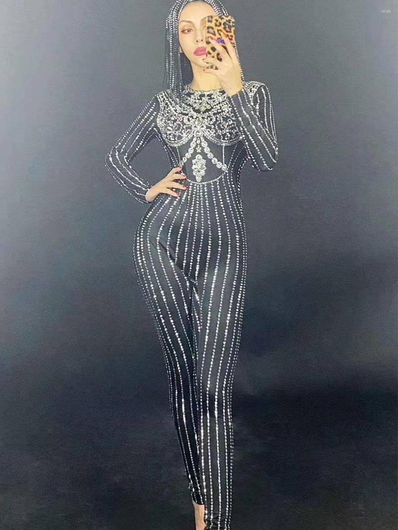 

Stage Wear Black Shining Crystal Rhinestones Sexy Jumpsuits For Women Nightclub DJ Clothing Costumes Party Singer Drag Queen Outfit