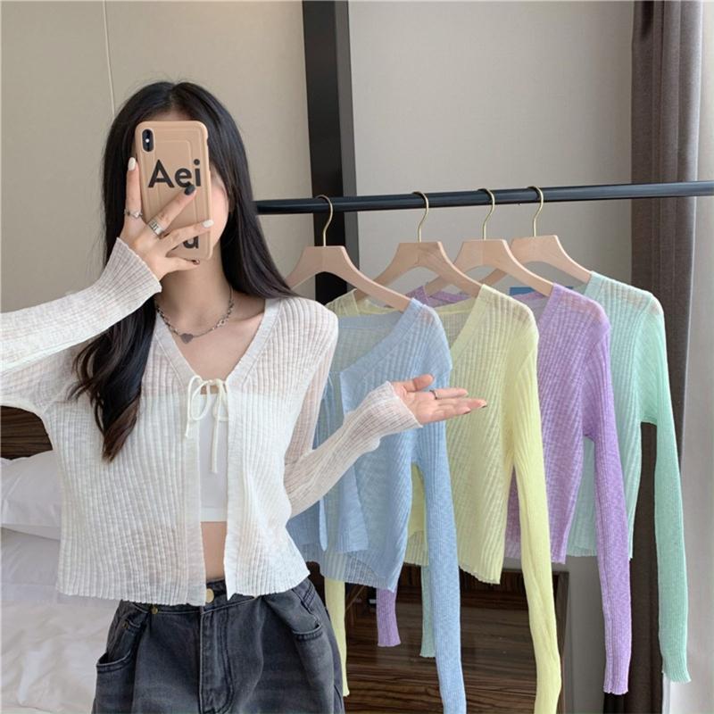 

Women's Knits & Tees Women Cropped Cardigan Long Sleeve Lace-Up V-Neck Cover Up Jacket Summer Sun Protection Slim Outwear Beach Shrug Thin C, Green