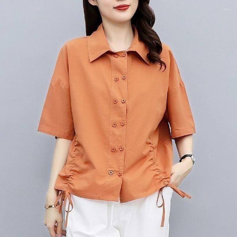 

Women's Blouses Women's Double Breasted Vintage Cotton Linen Shirt Summer Simple Casual Drawstring Loose Blouse Solid Short Sleeve, Khaki