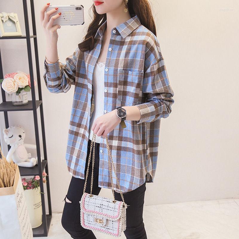 

Women's Blouses Korean Shirts Women Plaid Long Sleeve Chic Loose Oversize Spring Autumn Outwear Casual Womens Retro Harajuku, Z15 pink