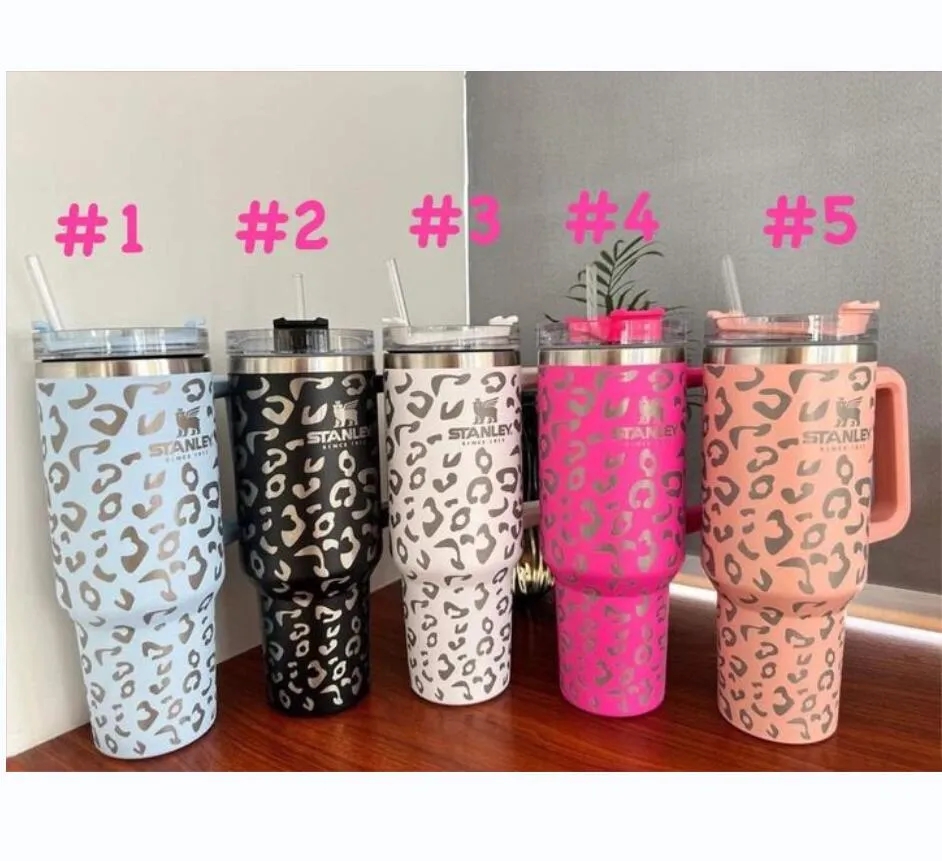 

quencher 40oz Leopard Mugs Tumblers With Logo Handle Insulated Stainless Steel Coffee Termos Pink Cups With Logo, White