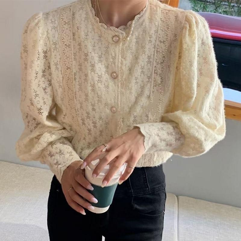 

Women' Blouses 2023 Spring Loose Elegant Woman Shirts Fashion Lace Hollow Out Puff Sleeve Blouse Round Neck Solid Tops Blusas De Mujer, Apricot