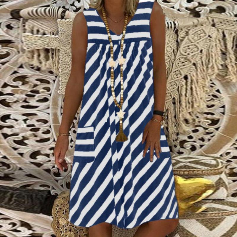 

Casual Dresses Summer Midi Dress Stripe Print Women Streetwear, Blue