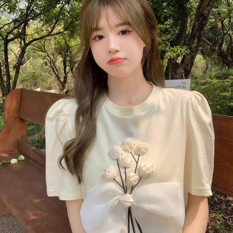 

Women's T Shirts T-Shirt Women 2023 Korean Y2K Sweet 3D Flower Cotton O-Neck Summer Small Fresh All-match Girls Tops Designer, Beige