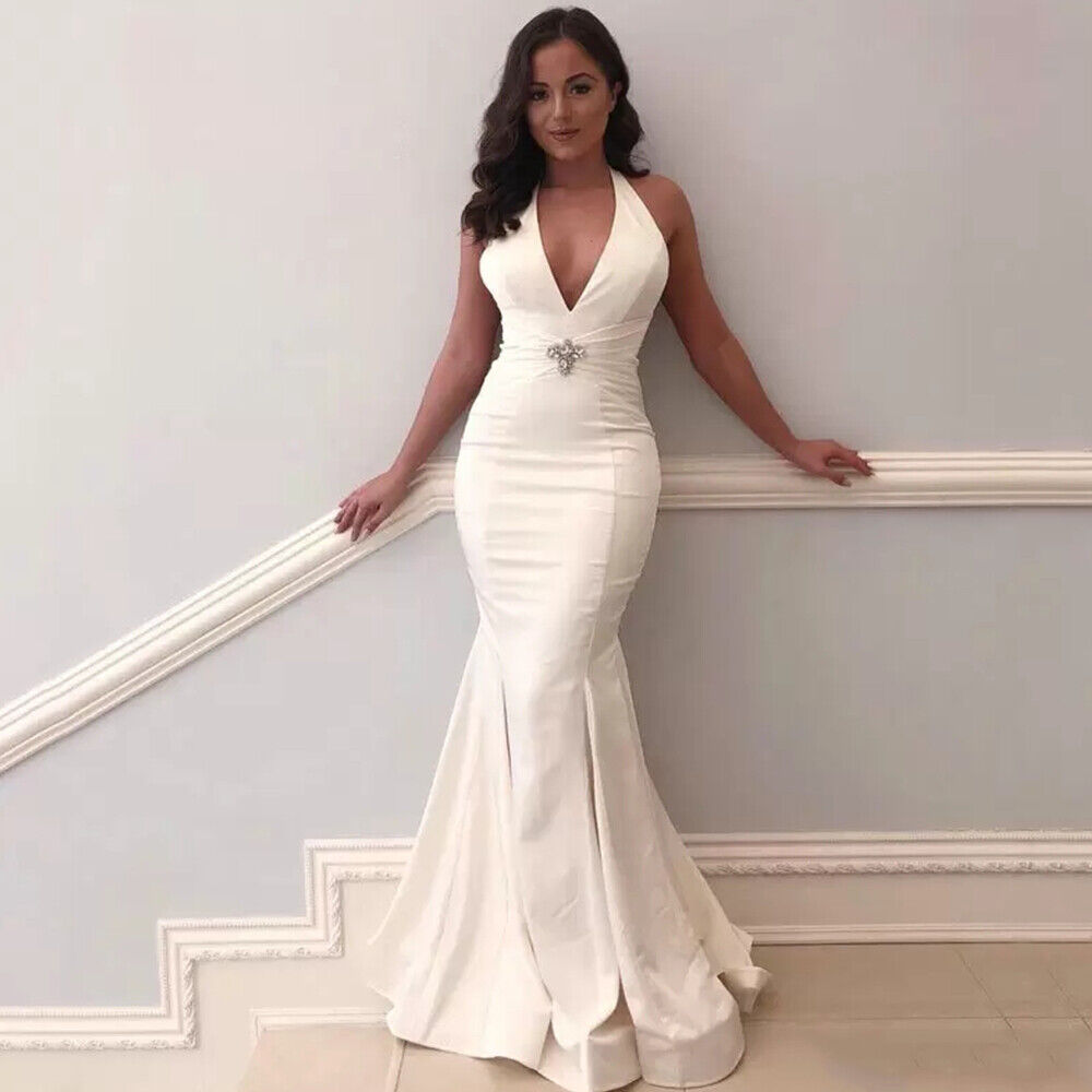 

Simple satin fishtail wedding dress with white deep V-neck off shoulder pleated bridal gown