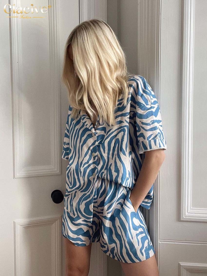 

Women's Tracksuits Clacive Summer Short Sleeve Shirts Set Of Two Fashion Pieces For Women Casual Loose Shorts Elegant Print Suits With 230413, Blue