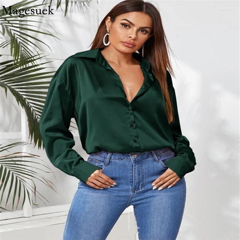 

Women' Blouses Elegant Button Up Silk Shirt Spring White Loose Satin Blouse Office Women Long Sleeve Casual Tops Women' Clothing 22127