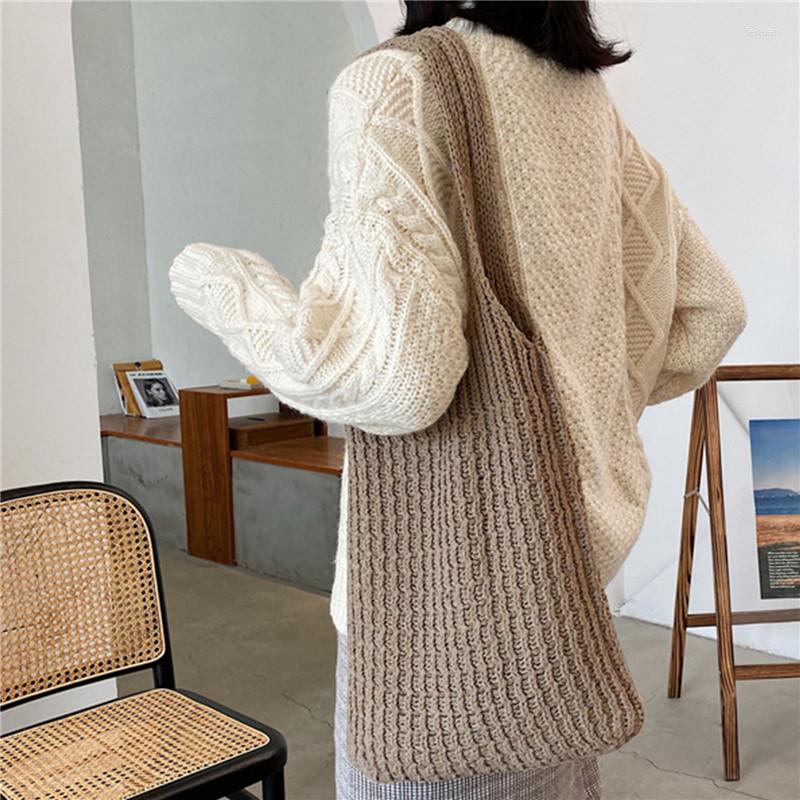 

Evening Bags Wool Knitted Shoulder Shopping Bag For Women Vintage Fashion Polyester Girls Tote Shopper Large Female Handbag, Coffee