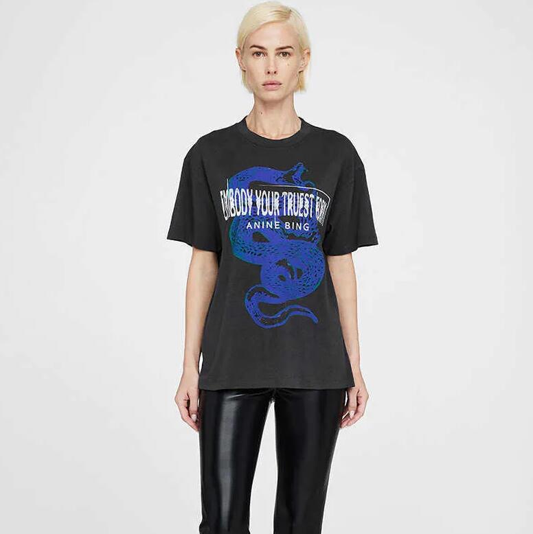 

23ss new women's t-shirt Anine Bing Niche pullover round neck Snake Letter Print Stir-fried Snowflake Washed Tee Women Short-sleeved T-shirt Tops clothing