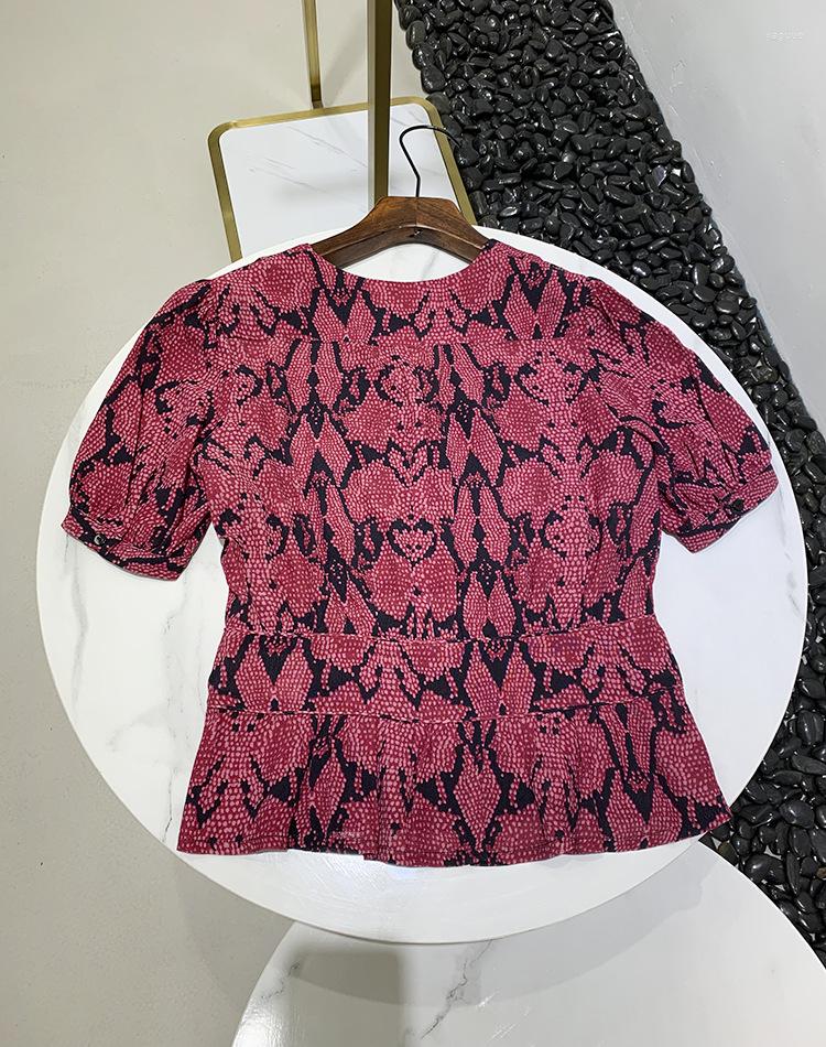 

Women' Blouses 2023 Spring Women Retro Rose Red Snake Print V-neck Top Blouse