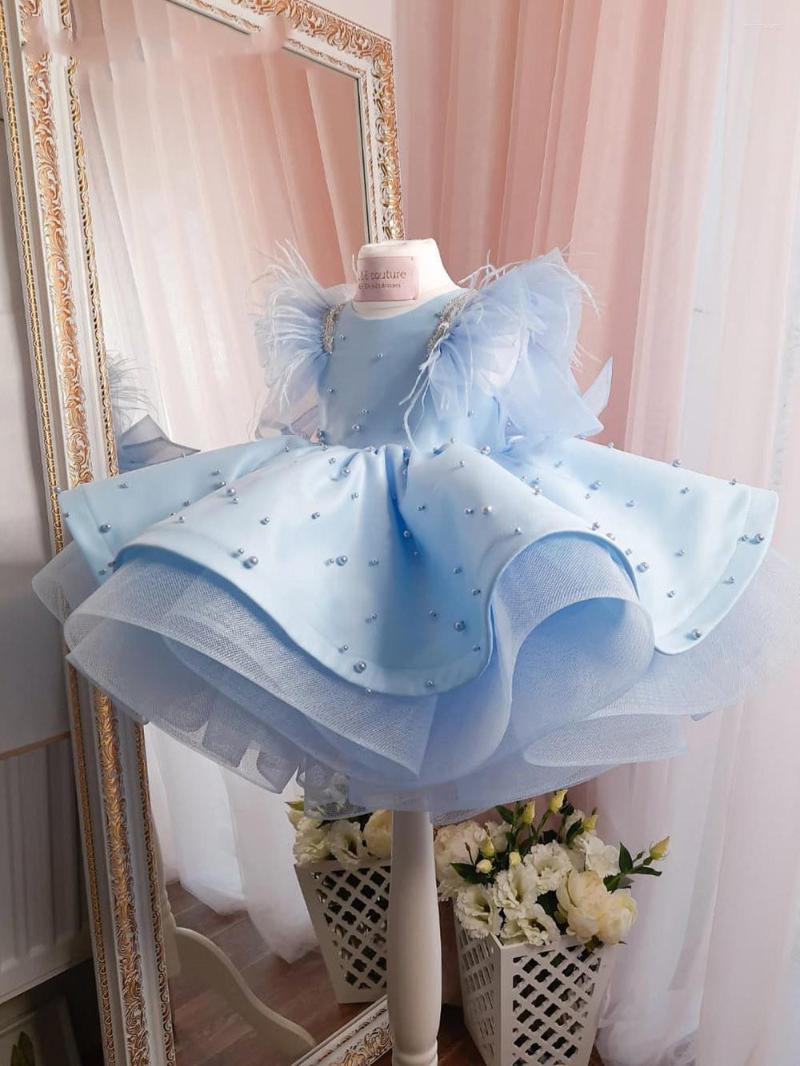 

Girl Dresses Princess Feather Flower Beaded Ruffles Jewel Neck Gilrs Pageant Dress Little Kids First Communion, All ivory