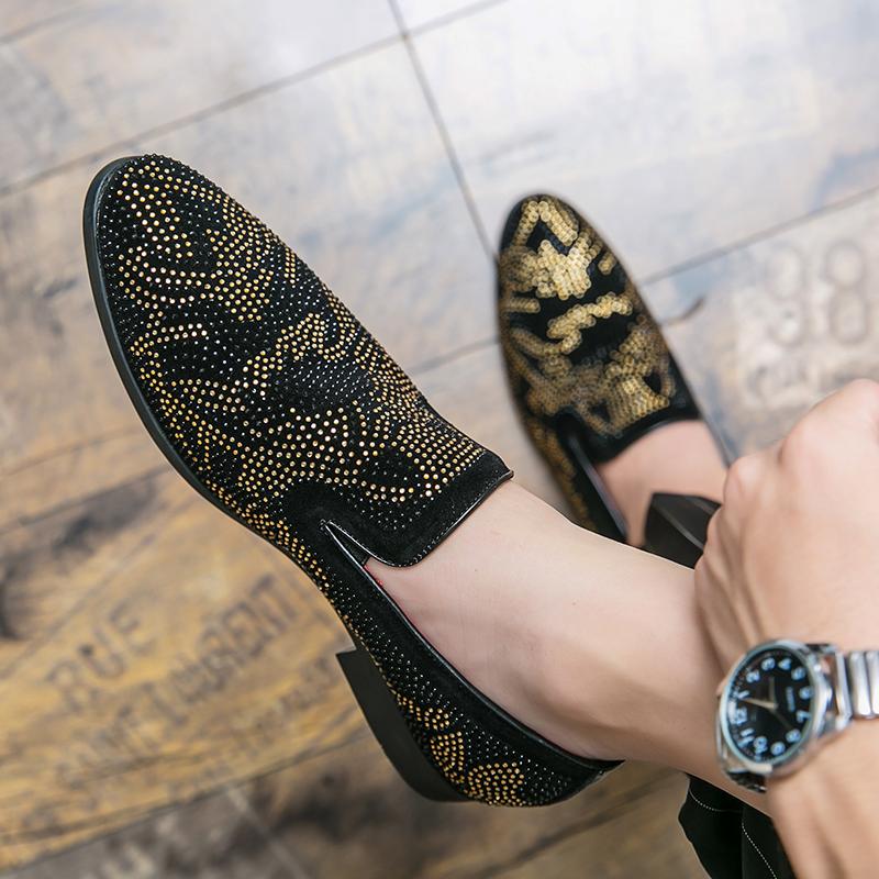 

Dress Shoes Glitter Men's Elegant Party Slip On Men Rhinestone Wedding Loafers Luxury Oxfords Plus Size 38-47, Black