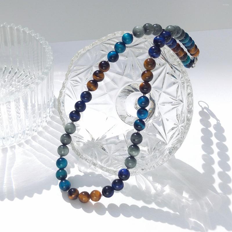 

Choker Lii Ji 8mm Mix ColorTiger Eye Eagle Natural Stone Stainless Steel Necklace 48cm Trendy Bohe For Male Female