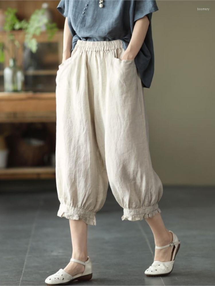 

Women's Pants Women Flax 2023 Summer Loose Casual Calf-Length Retro Elastic Waist Simple Vintage Trousers, Yellow