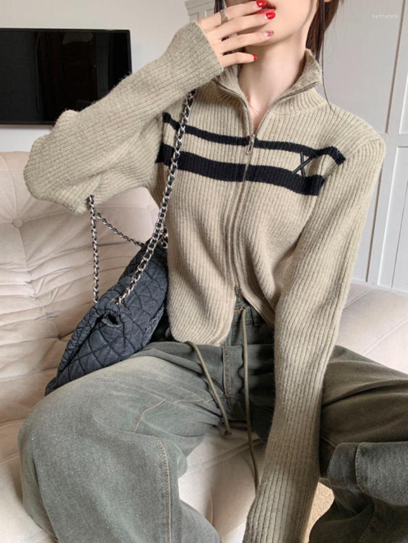 

Women's T Shirts Spring Vintage Contrast Color Zipper Polo Collar Knitwear Slim Long Sleeve Casual Cardigan Top Versatile Streetwear Ropa, Gray
