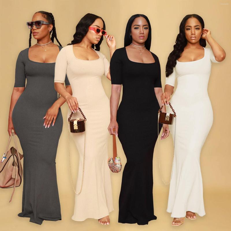 

Casual Dresses 2023 Solid Color Square Collar A- Line High Waist Slim-Fit Short-Sleeved Fishtail Sexy Jumpsuit Long Dress Elegant, White