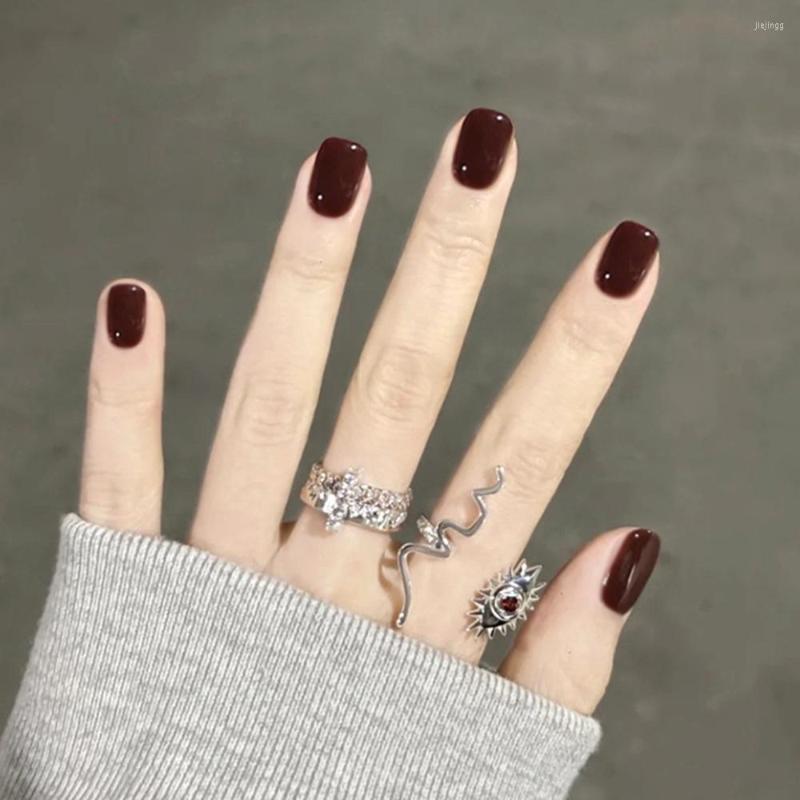 

False Nails 24pcs Short Press On Glossy Deep Red Fake Nail Round Head For Women And Girls Art Full Cover Wearable, 711185