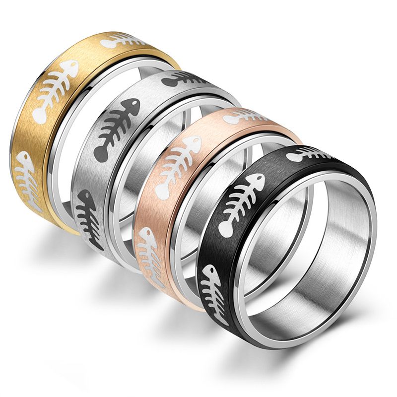 

Laser Engraving Fish Bones Men Rings Silver Color Titanium Steel Rotating Ring Ease Anxiety Multifunctional 8mm Fashion Accessories