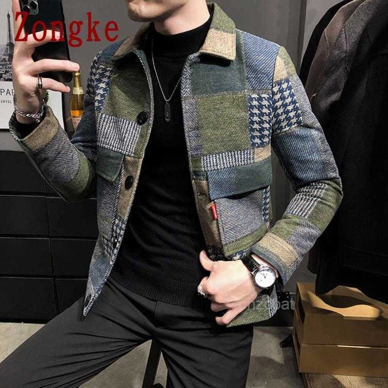 

Mens Jackets Zongke Woolen Plaid Bomber Jacket Japanese Streetwear Men Winter Coat M-3XL 9ECV, Green