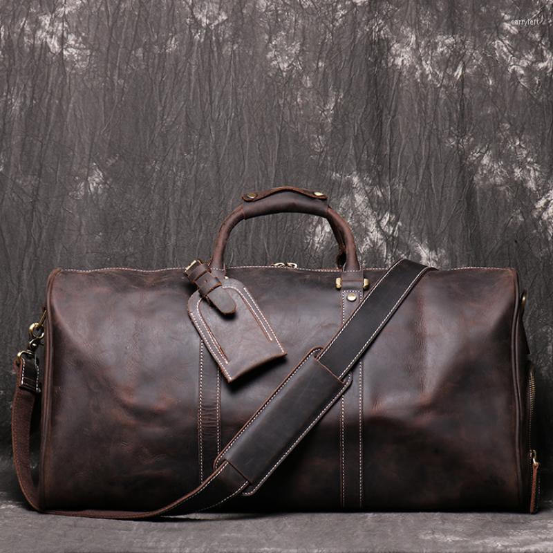 

Duffel Bags Vintage Men's Leather Portable Travel Bag Women's Crazy Horseskin Diagonal Luggage Cowhide Fitness, Black