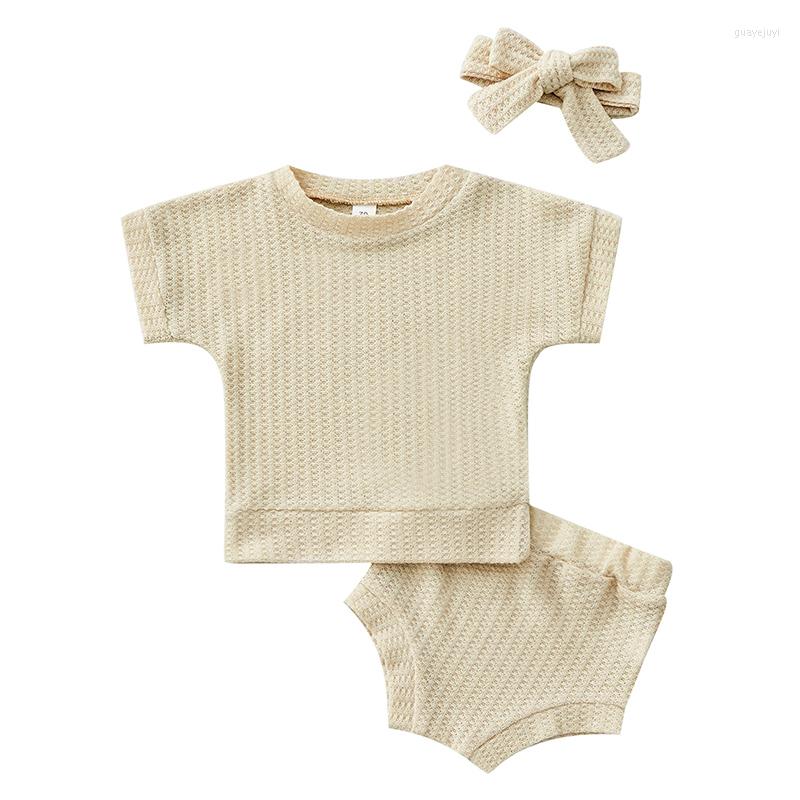 

Clothing Sets 3 Pieces Baby Suit Set Summer Solid Color Round Neck Short Sleeve T-Shirt Shorts Headband For Girls 0-24 Months