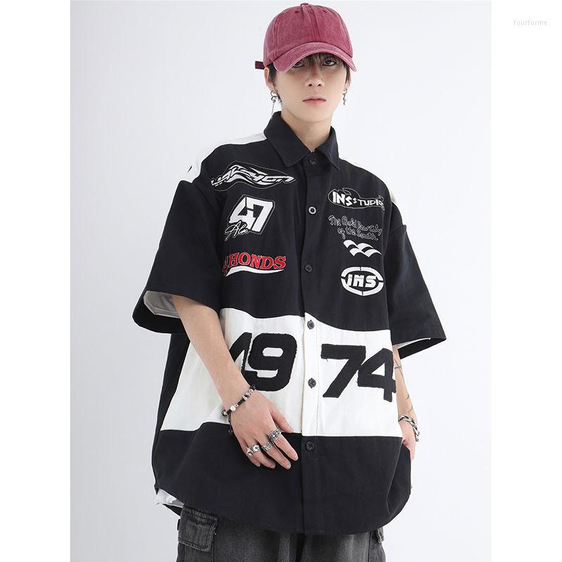 

Men' Casual Shirts Summer Brand Homemade Couple Hip-hop Racing Baseball Uniform Shirt Men American Retro Short Sleeve Button Up, Black tshirt