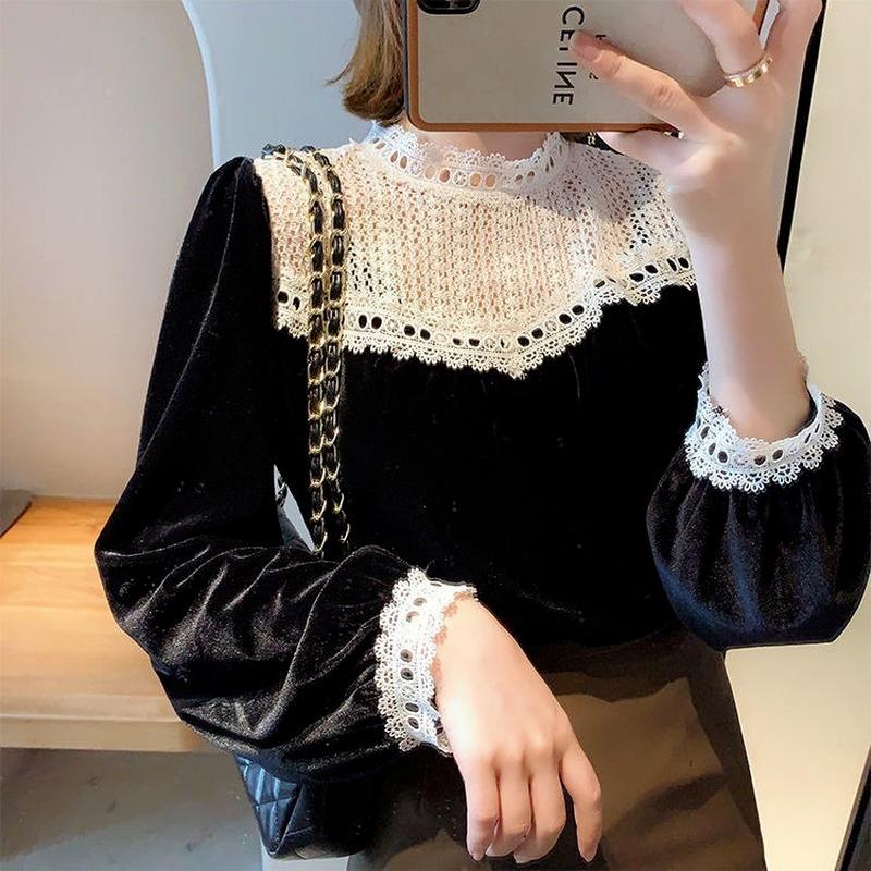 

Women' T Shirts Vintage Lace Long Sleeve Black Velvet For Women Wild Slim Fit Hollow Top Patch Tshirts Woman Goth HarajukuWomen