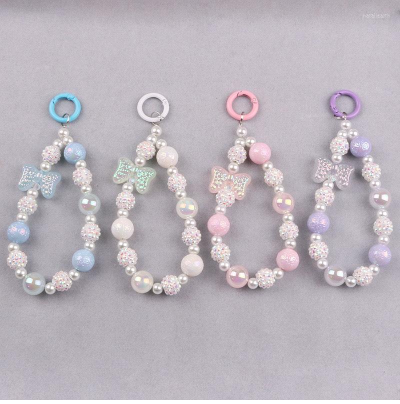 

Keychains Acrylic Bowknot Key Ring Women Car Airpods Pendant Chain Dazzle Bayberry Ball Imitation Pearl Beaded Accessories Keyring