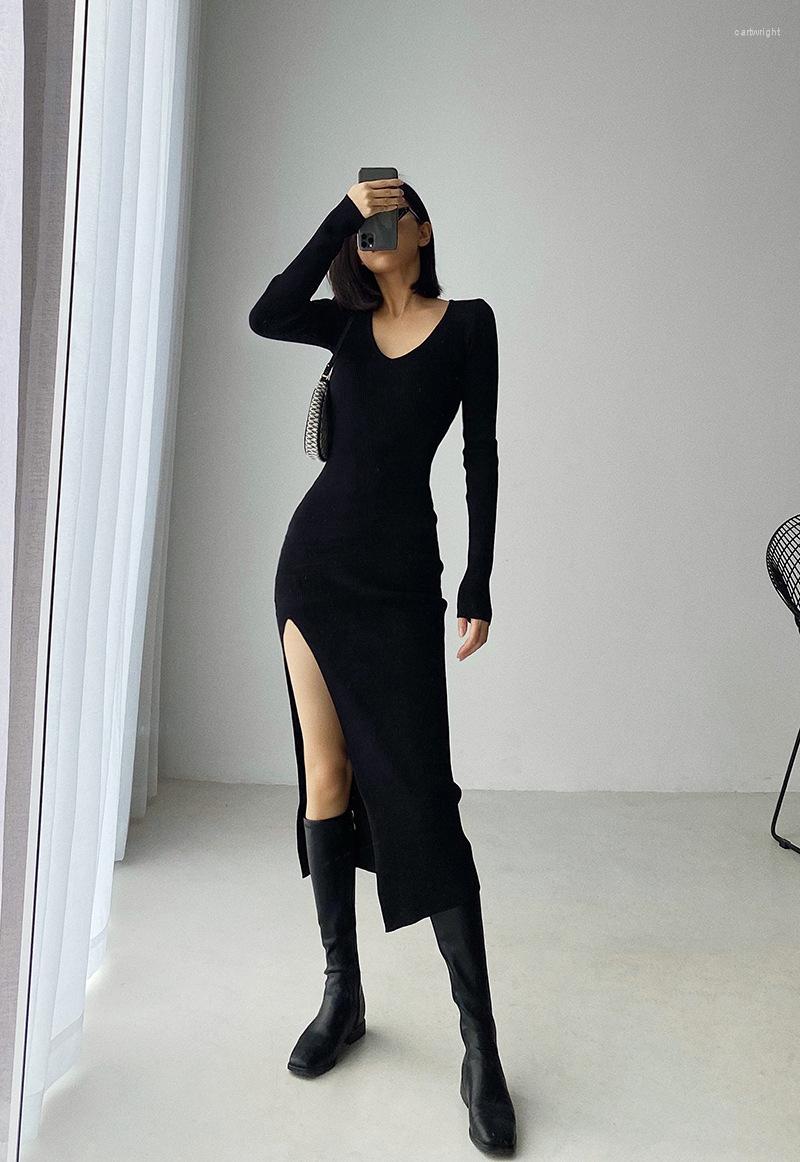 

Casual Dresses Spring And Autumn Sexy French Slit Sweater Dress Female Slim Tight Package Hip Long Sleeve Open High Waist Skeleton, Black