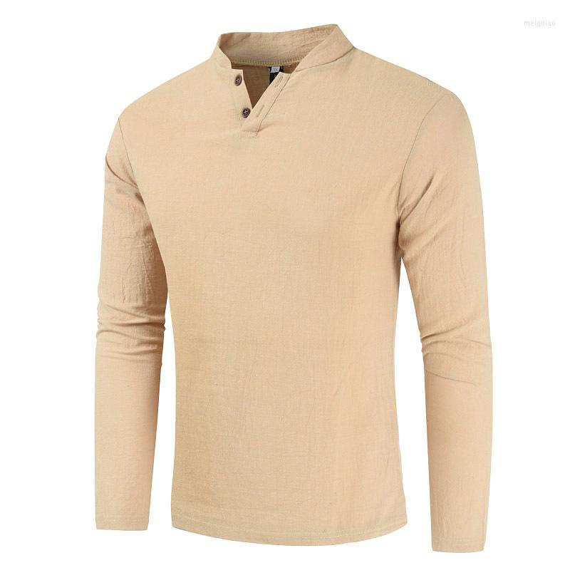 

Men's T Shirts Spring And Autumn Two-button Long Sleeve V-neck T-shirt Solid Color, Apricot