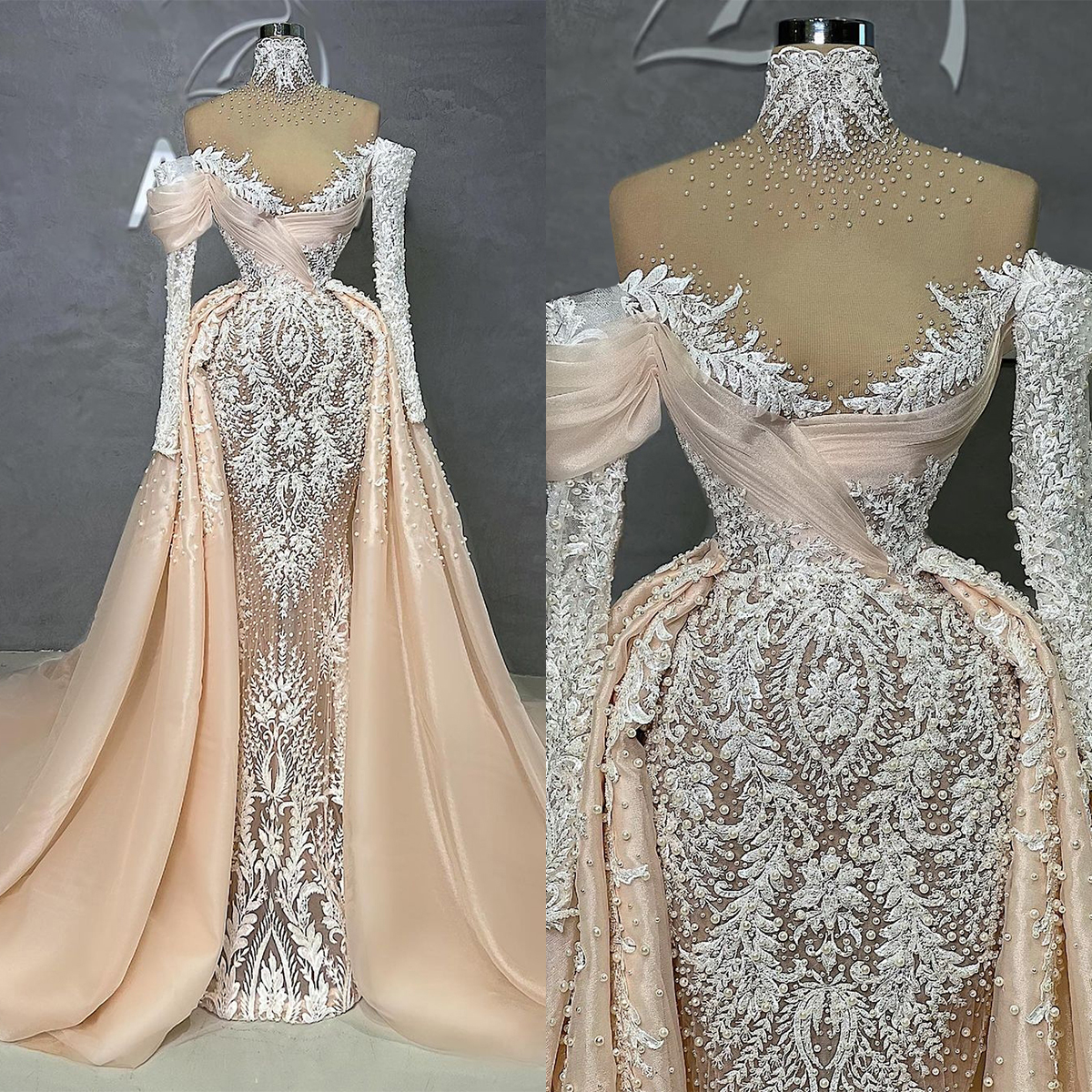 

Gorgeous Mermaid Prom Dresses High Neck Off the Shoulder Lace Applicants Sleeves Pearls Zipper Court Gown Custom Made Party Dress Plus Size Vestido De Noite, Gold