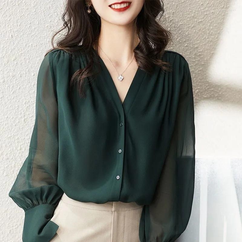 

Women's Blouses Solid Casual Chiffon V-Neck Loose Transparent Women's Blouse Shirt Korean Fashion Long Sleeve Pullover Spring Summer, Green
