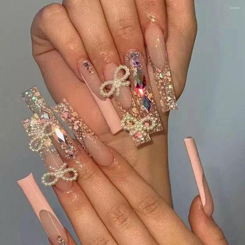 

False Nails 24Pcs Luxury Crystal Gold Foil Pearl Bow Detachable Fake Nials Long Ballerina French Nail Tips Press On, Cy152