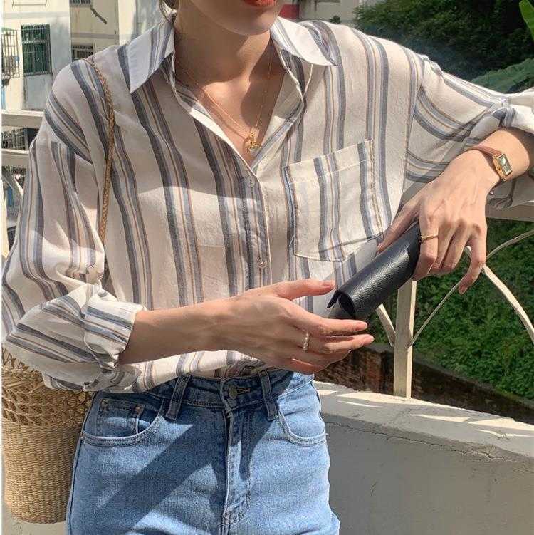 

Korean Style Casual Striped Long Sleeved Shirt Summer Loose Pockets Niche Design, Picture color