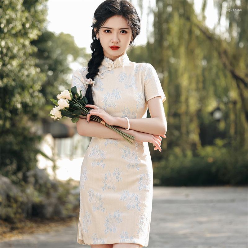 

Ethnic Clothing Sexy Mini Embrodiery Chiffon Cheongsam Young Girls Traditional Chinese Style Lace Qipao Evening Party Dress For Women