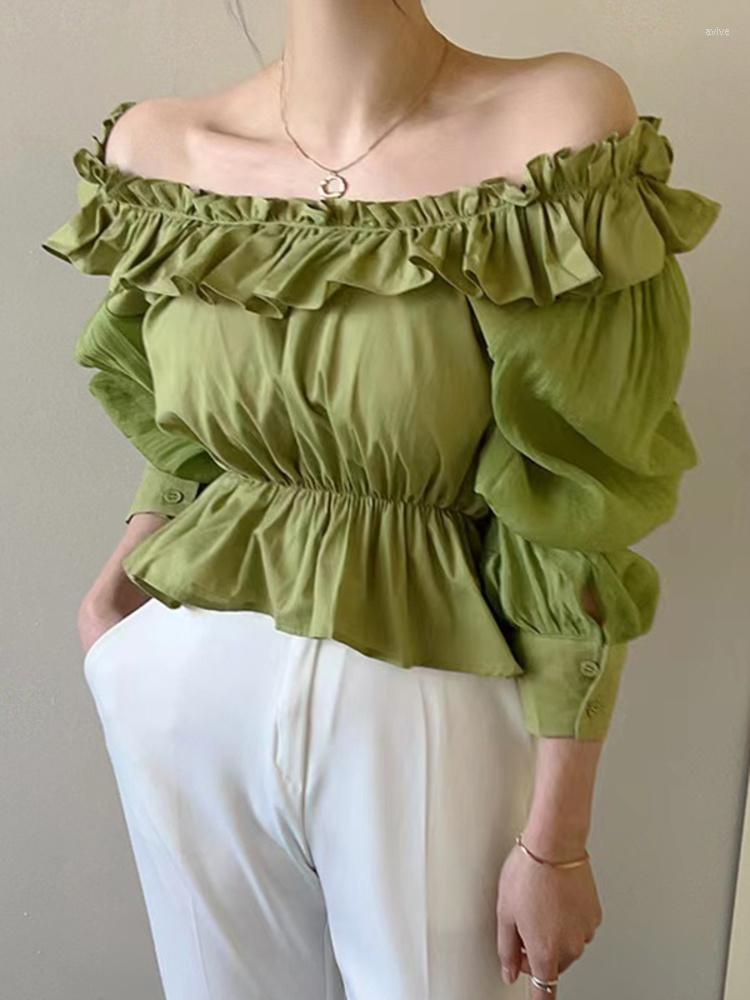 

Women's Blouses Slash Neck Ruffle Spliced Solid Shirt Women Long Sleeve Soft Pleated Blusas Top 2023 Spring Summer Loose Shirts Tops M616, Green