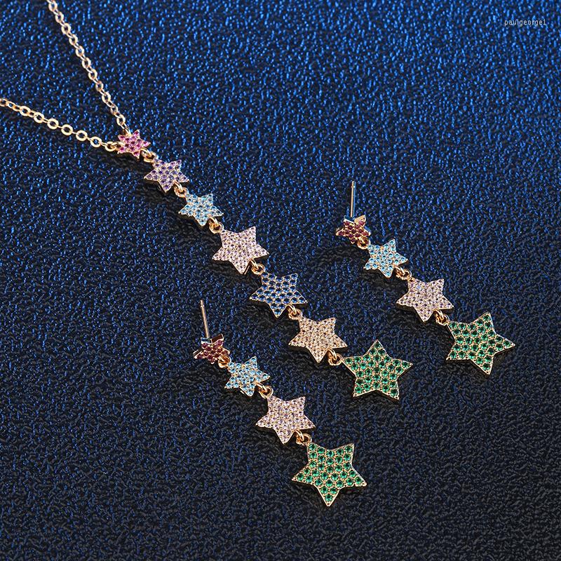 

Necklace Earrings Set 2023 Pentagram Multicolor Cubic Zirconia Wedding Party Women Fashion, Picture shown