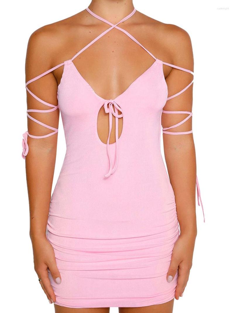 

Casual Dresses Women' Bodycon Dress Sleeveless Backless Ties Cutout Mini Sexy Sheer Pink For Cocktail Party