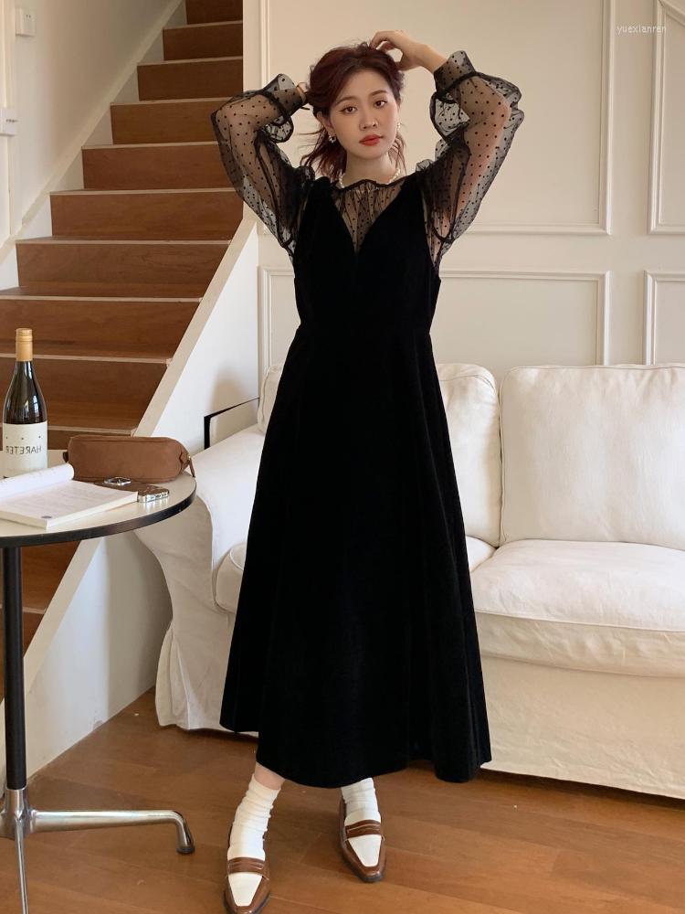 

Work Dresses French Celebrity Polka Dot Bubble Sleeve Mesh Bottomed Shirt Vs Velvet Suspender Dress Suit, Black