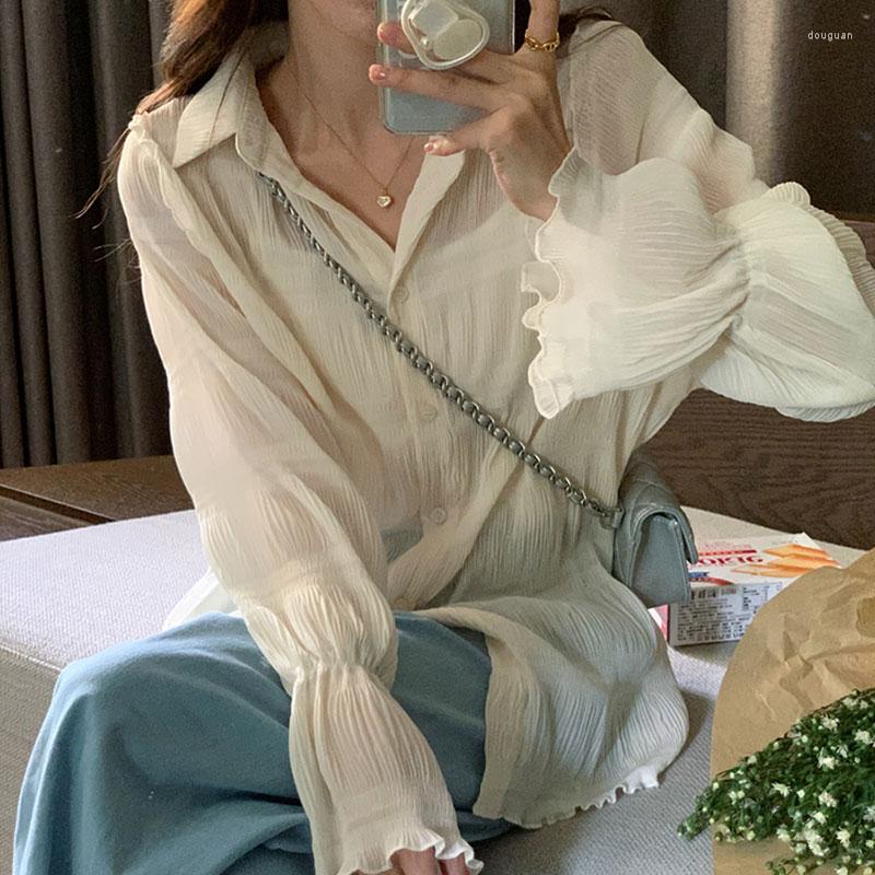

Women's Blouses Autumn 2023 Long Sleeve Blouse Women Simple Loose Casual Vintage Folds Design Shirt Korean Chic Elegant Fashion Blusas, White