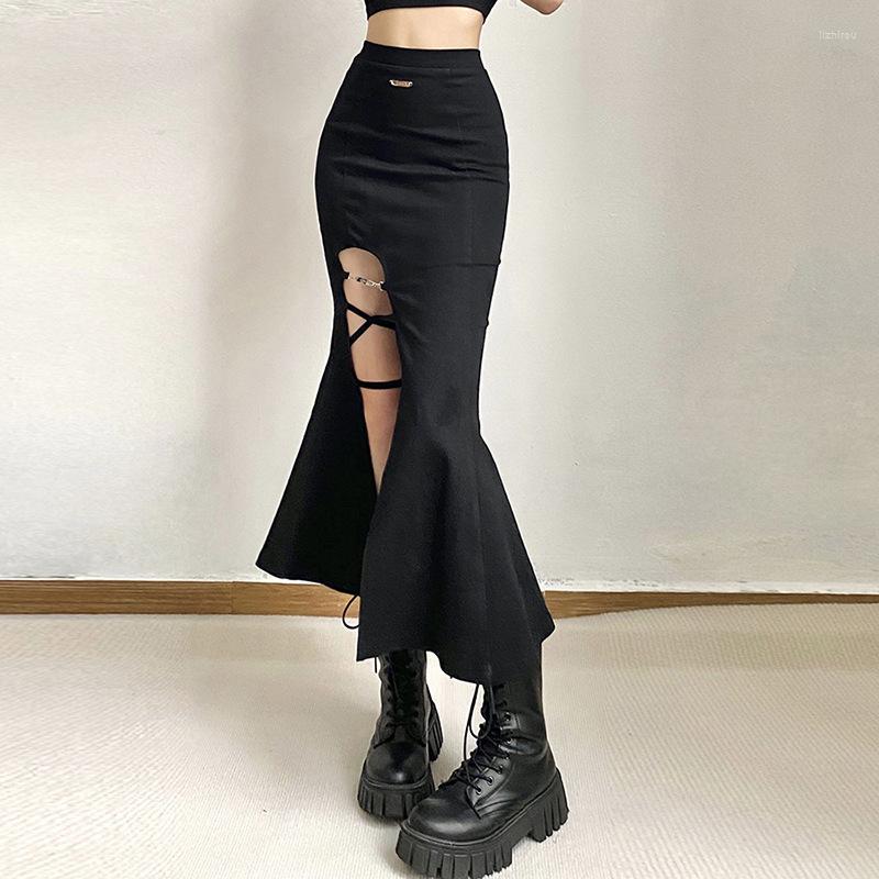 

Skirts Black Sexy Mysterious Royal Sister All-Match High Street Design Trend Mature Cool Slit Women's Flared Skirt Girl