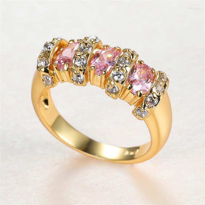 

Wedding Rings Female Luxury Oval Zircon Engagement Ring Cute Pink Crystal Stone Vintage Yellow Gold Color Thin For Women