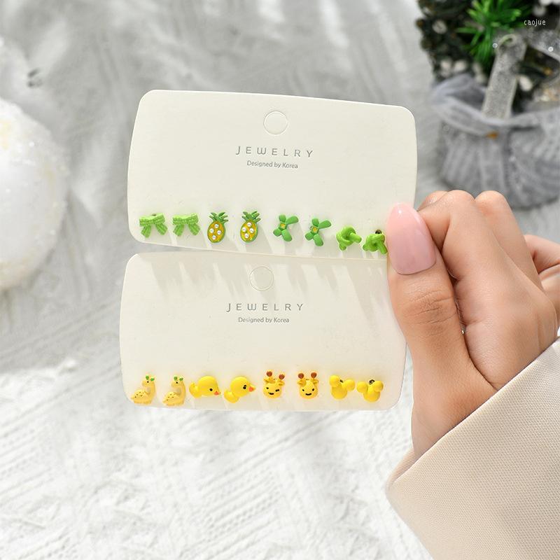 

Stud Earrings S925 Needle 4Pairs Kawaii Set Colorful Flower Fruits Ear Post For Girls Student's Korea Jewelry Gifts