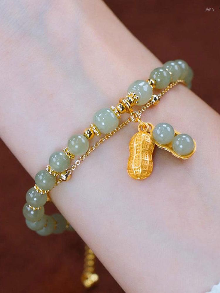 

Charm Bracelets Good Things Happen Double-Layer Peanut Bracelet Hetian Jade Girl's Design Sense Ins Niche National Fashion Vintage