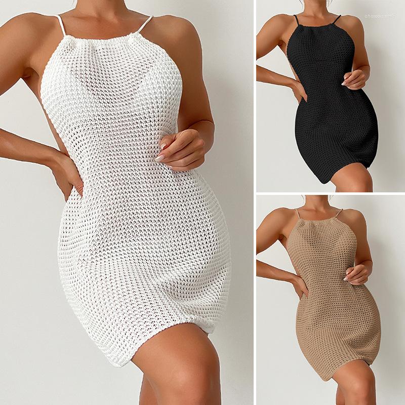

Casual Dresses 2023 Summer Women' Short Knitted Halter Back Strap Sexy Cutout Sun Protective Blouse Beach Skirt, Black