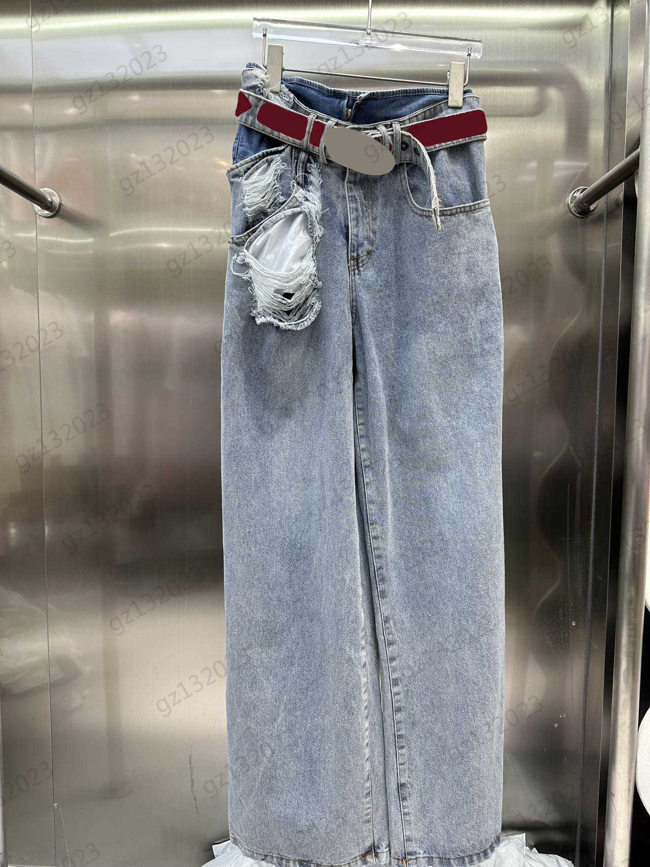 

Brand Jeans Women Letters Embroidery Custom Safety Buckle Belt High Waist Denim Trousers Hole Design Loose Version Modified Leg Fashion Pants Jeans Womens