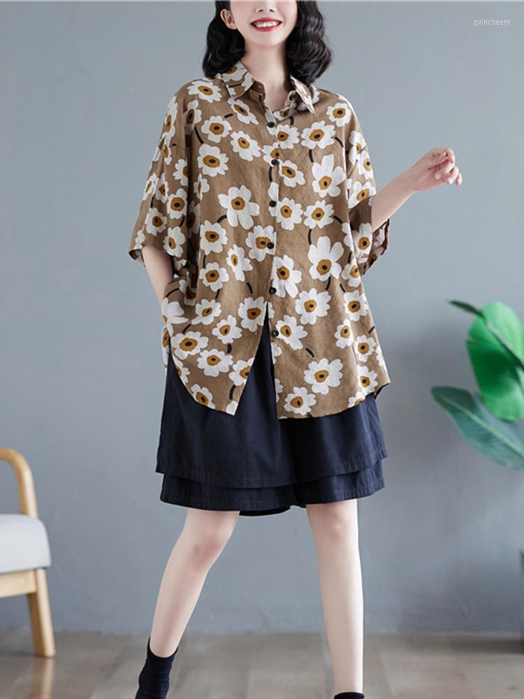 

Women's Blouses Fashion Woman 2023 Summer Turn-down Collar Casual Shirts Loose Flower Top Cotton Linen Short-sleeved Single Breasted, Khaki