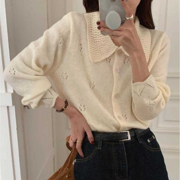 

Autumn Korean Style Womens Sweaters Hollow Out Crocheted Lapel Long Sleeve, Mustard
