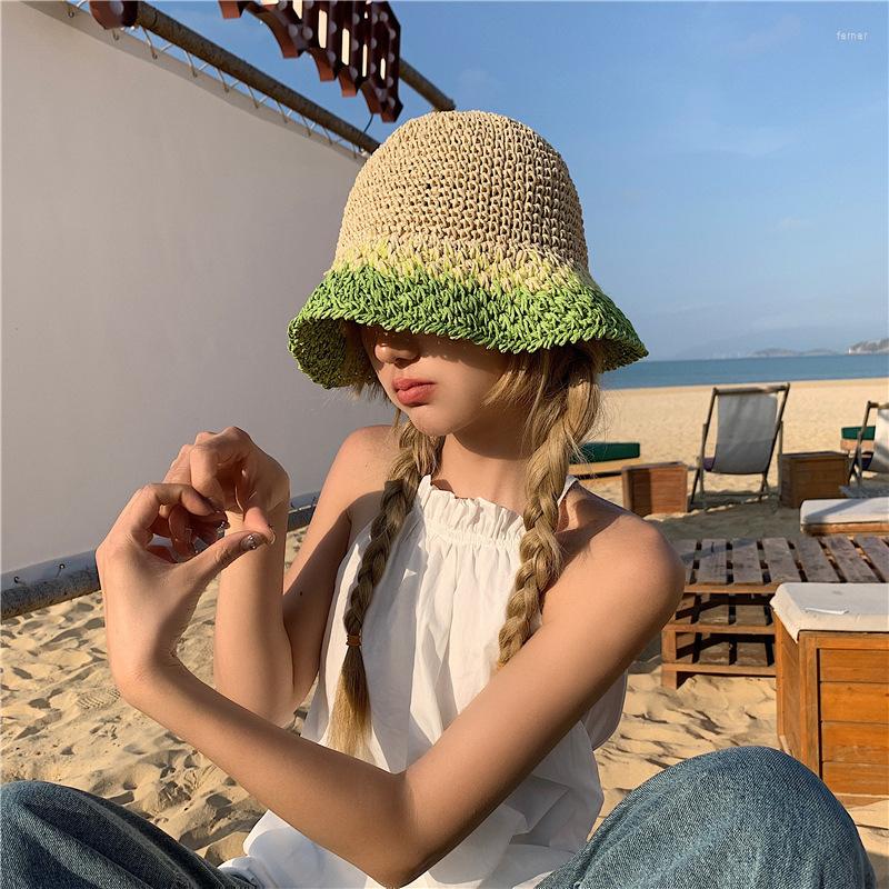 

Wide Brim Hats Simple Foldable Floppy Girls Straw Hat Splicing Sun Beach Women Summer UV Protect Travel Cap Lady Female, No.2